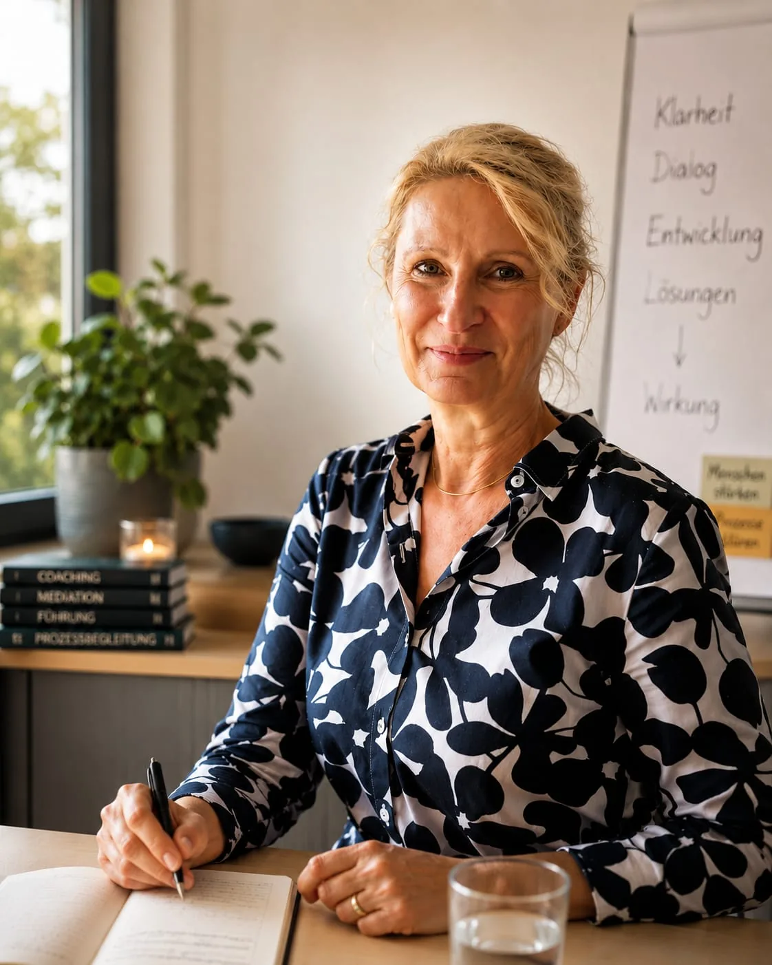 Heike Künzel an ihrem Schreibtisch, mit Notizbuch und Stift, im Hintergrund ein Flipchart